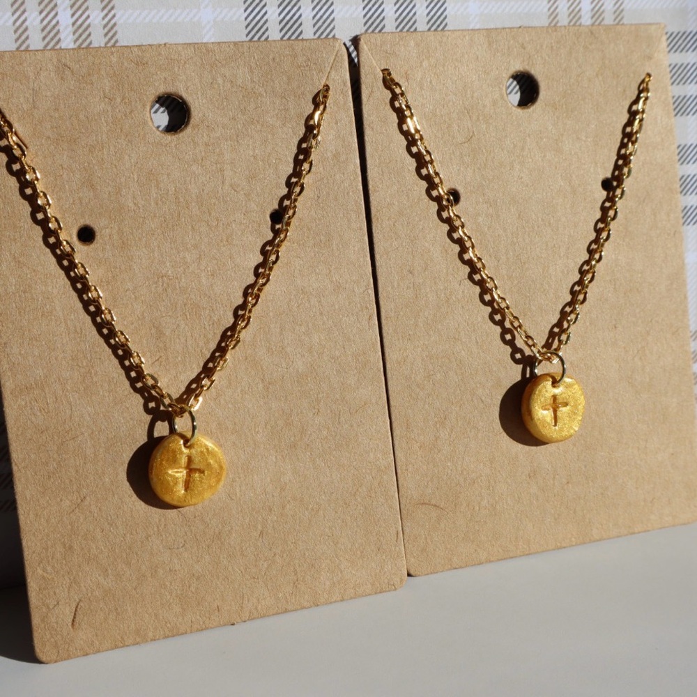 Cross Indented Gold Necklace Handmade Clay Charm Christian Jewelry Women Gift